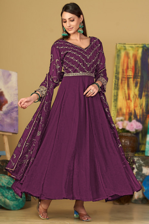 Plum Purple Sequins Embroidered Georgette Anarkali Suit 