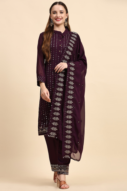 Plum Purple Sequins Embroidered Georgette Trouser Suit 