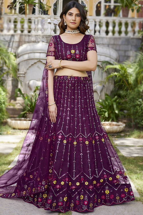 Plum Purple Sequins Embroidered Net Flared Style Lehenga