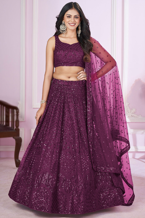 Plum Purple Sequins Embroidered Net Panelled Lehenga