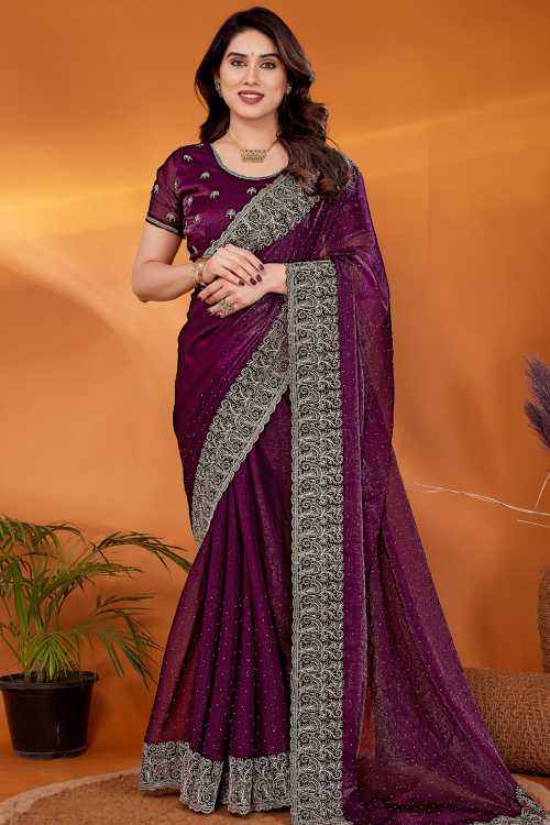 Plum Purple Shimmer Chiffon Saree With Zari Work For Diwali