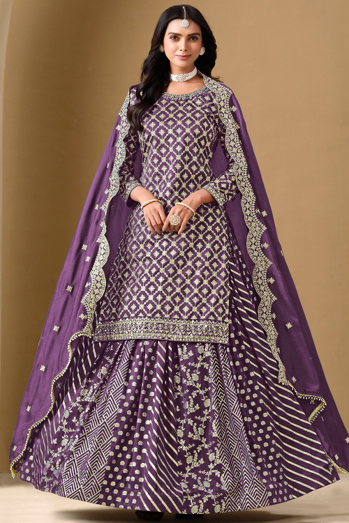 Plum Purple Silk Blend Lehenga with Woven Zari Work for Wedding Wear