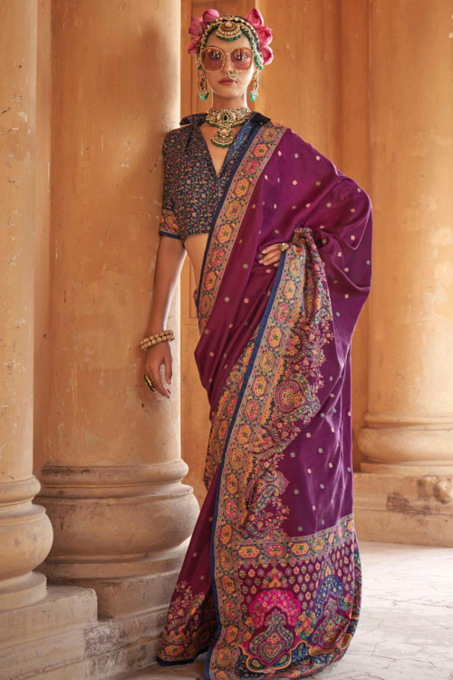 Plum Purple Silk Blend Printed Saree For Diwali