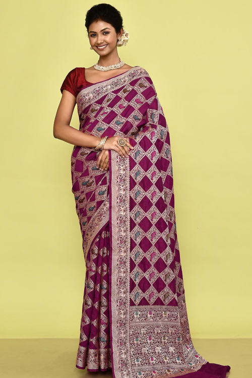 Plum Purple Silk Blend Saree With Weaved Work For Festival