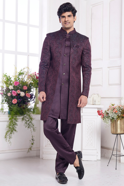 Plum Purple Silk Blend Weaved Work Men's Sherwani Reception