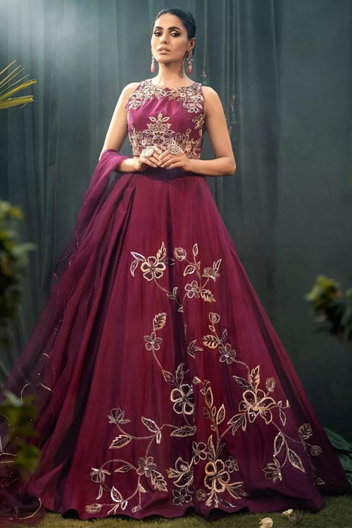 Plum Purple Silk Embroidered A Line Lehenga 