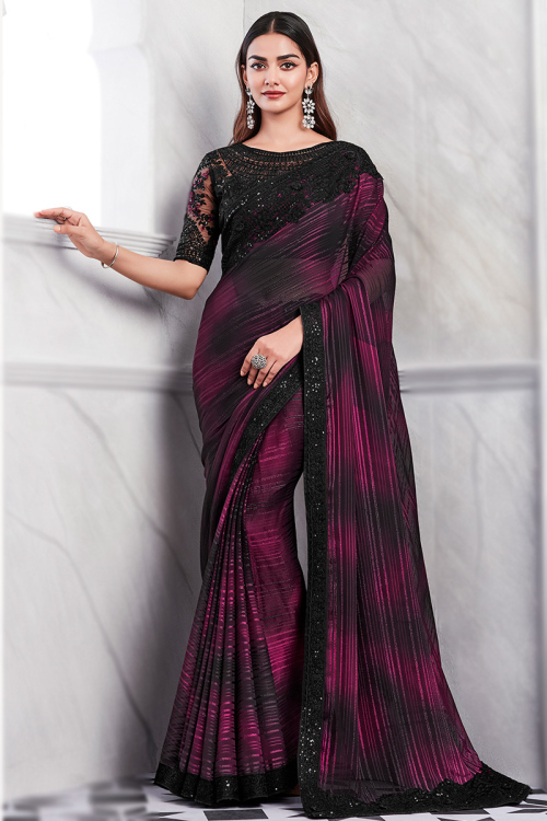 Plum Purple Silk Embroidered Saree With Black Net Blouse