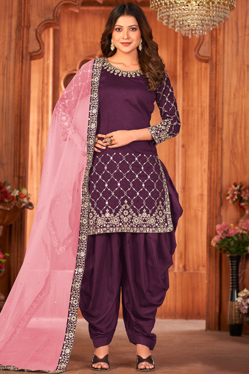 Plum Purple Silk Embroidered Patiala Suit