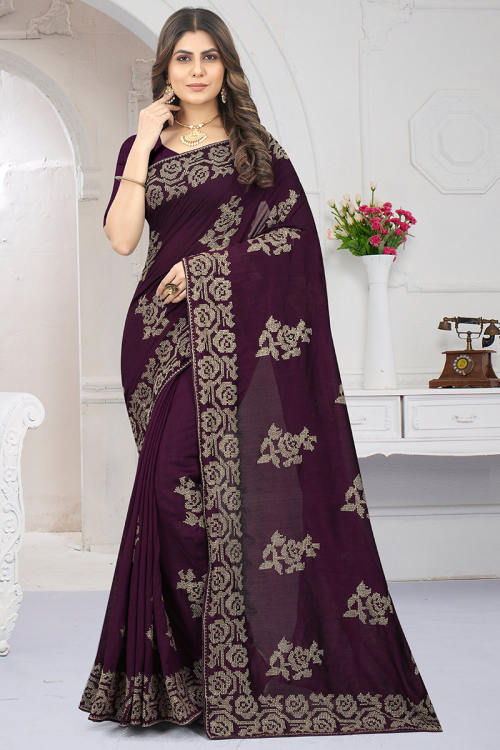 Party Wear Zari Embroidered Plum Purple Saree in Silk
