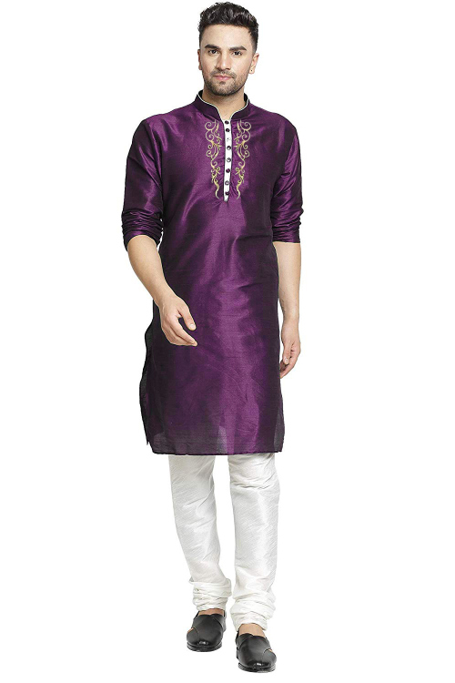 Plum Purple Silk Embroidered Straight Cut Men's Kurta With Churidar