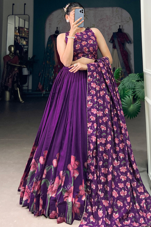 Plum Purple Silk Foil Print A Line Lehenga 
