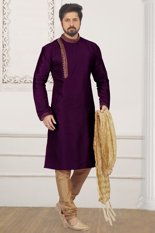 Plum Purple Silk Kurta Pajama with Lace Work for Diwali
