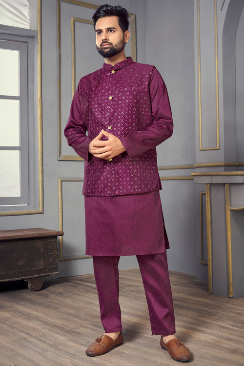 Plum Purple Silk Men's Kurta Pajama With Embroidered Waistcoat
