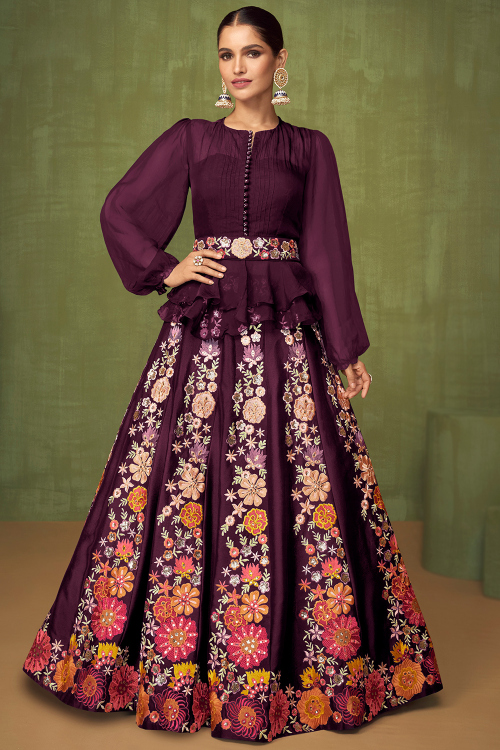 Plum Purple Georgette Panelled Embroidered Lehenga