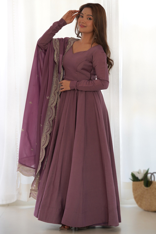 Plum Purple Silk Plain Ready Made A Line Anarkali Suit For Sangeet