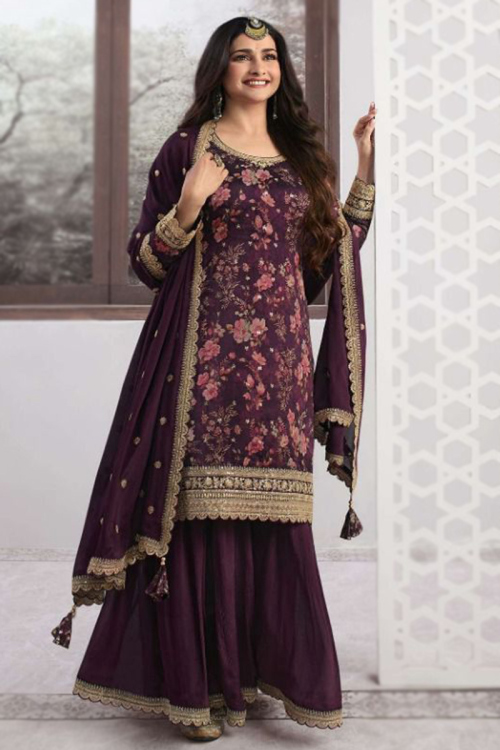 Plum Purple Silk Printed Straight Cut Palazzo Suit with Dupatta