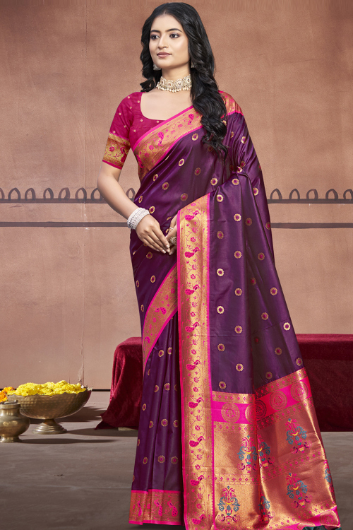 Plum Purple Woven Zari Paithani Silk Saree