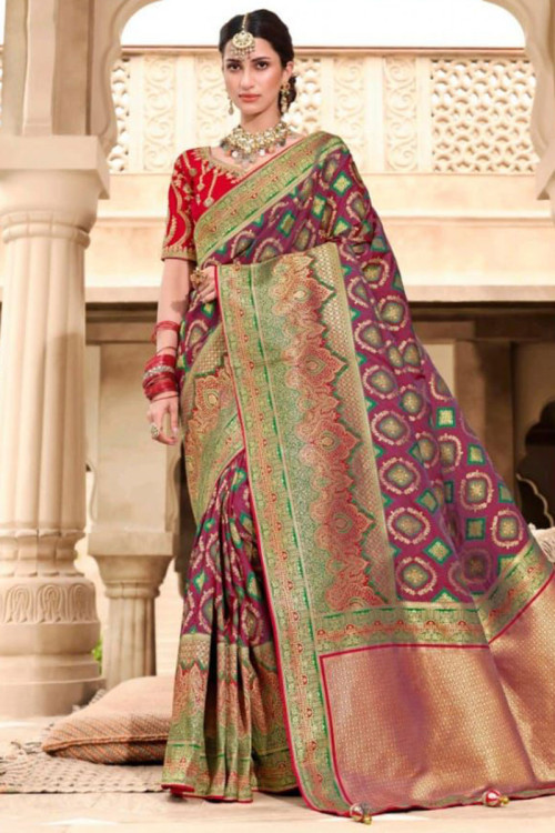 Saree in Plum Purple Silk for Wedding Wear