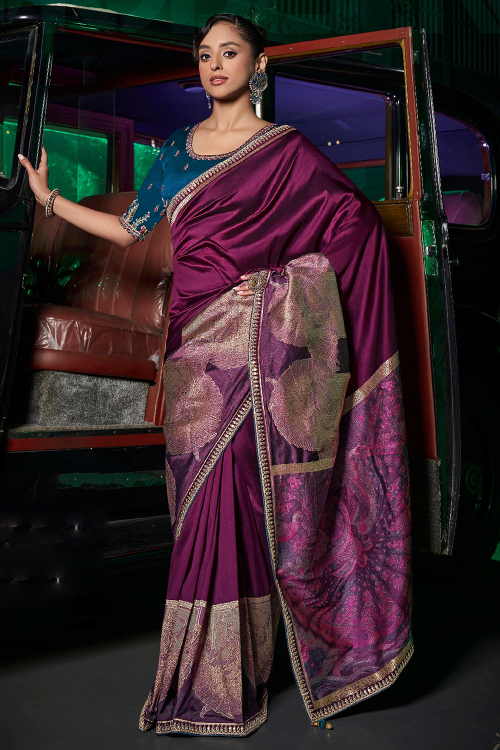Plum Purple Soft Silk Saree With Weaved Work For Festival