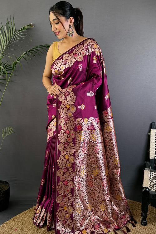 Plum Purple Soft Silk Weaved Broad Border Saree 