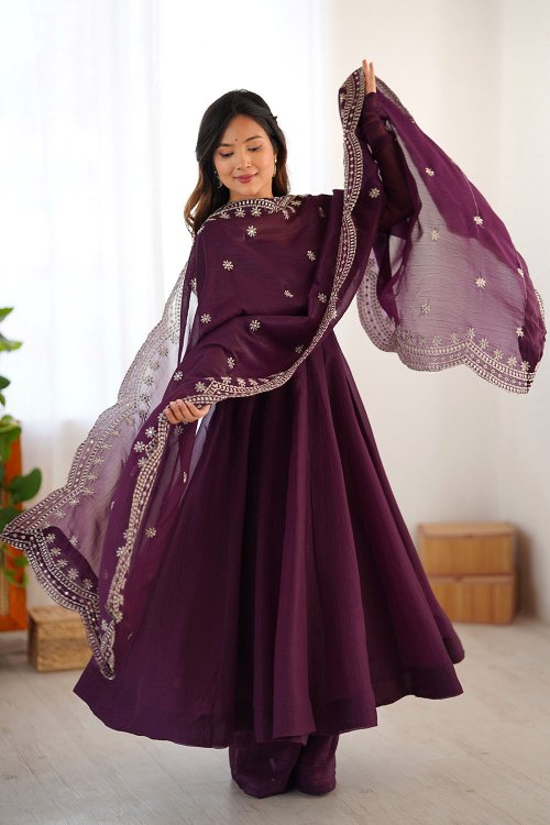 Plum Purple Tissue Silk A Line Palazzo Suit For Festival 