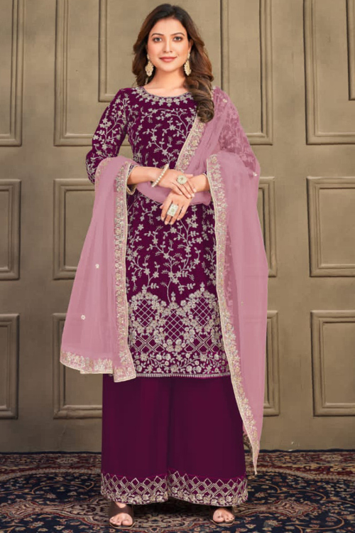 Plum Purple Velvet Dori Embroidered Palazzo Suit