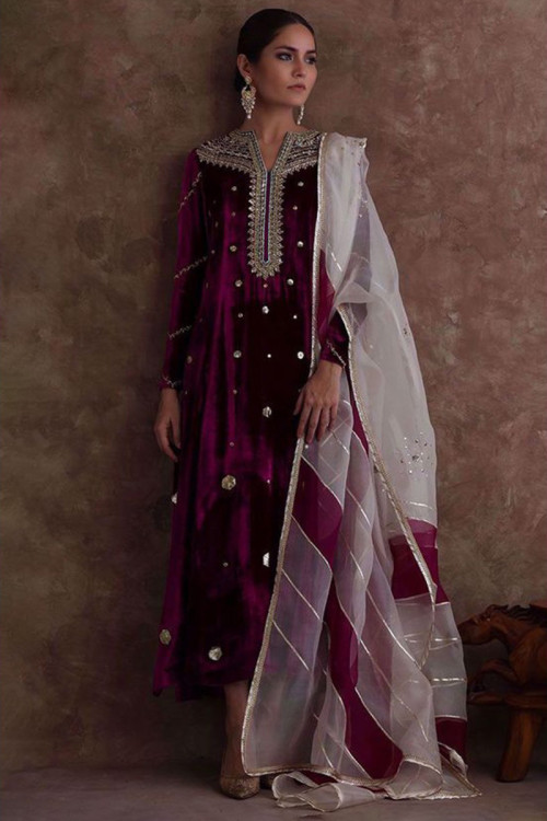 Plum Purple Velvet Embroidered Pakistani Trouser Suit