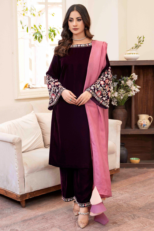 Plum Purple Velvet Embroidered Trouser Suit for Wedding