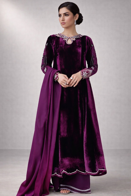 Plum Purple Velvet Trouser Suit with Zardosi Work for Wedding