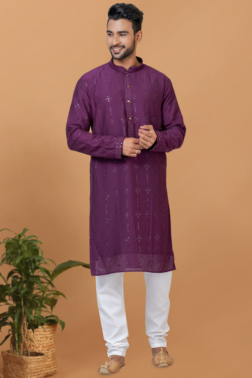 Plum Purple Viscose Embroidered Straight Cut Men's Kurta Churidar