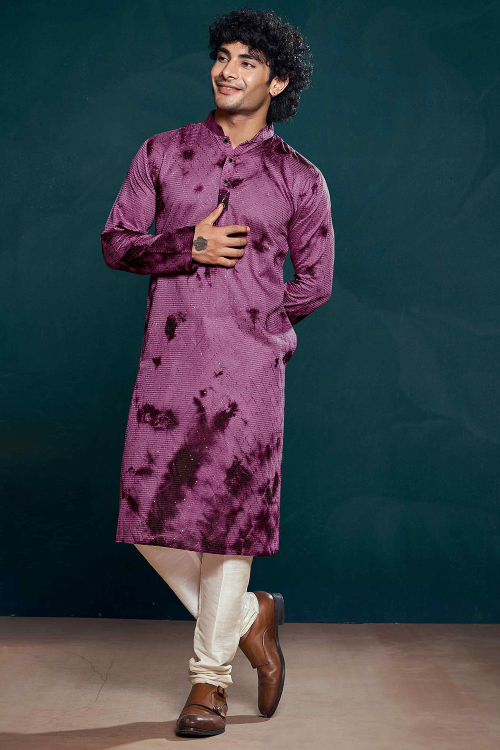 Plum Purple Viscose Embroidered Straight Cut Men's Kurta Pajama 