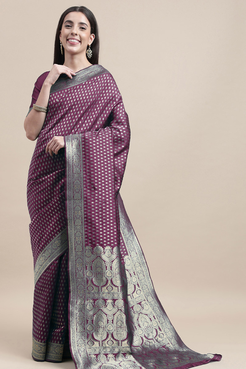 Plum Purple Weaved Zari Broad Border Silk Saree For Sangeet