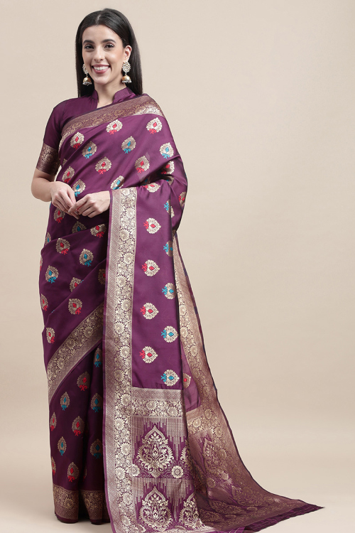 Plum Purple Weaved Zari Broad Border Wedding Wear Silk Saree