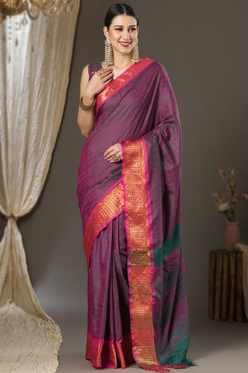 Plum Purple Weaved Zari Casual Wear Silk Saree