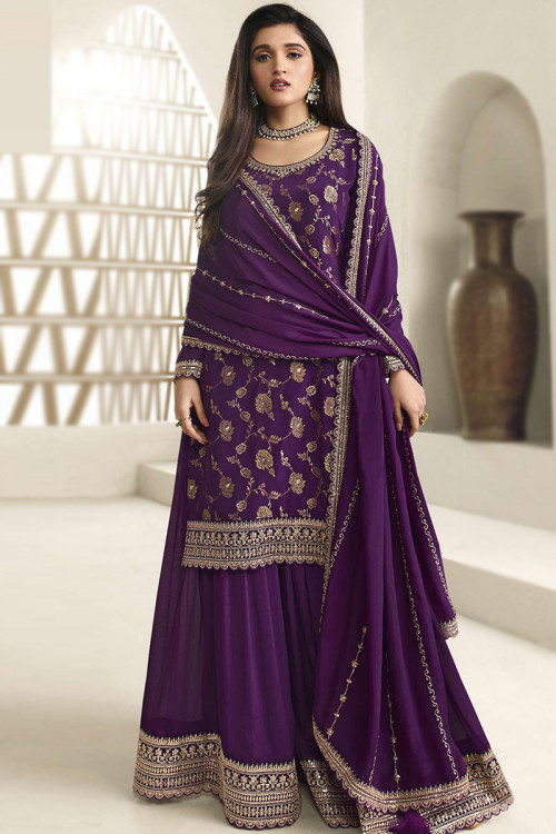 Plum Purple Weaved Zari Chinnon Sharara Suit For Eid 