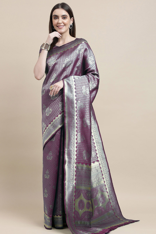 Plum Purple Weaved Zari Silk Broad Border Saree For Sangeet