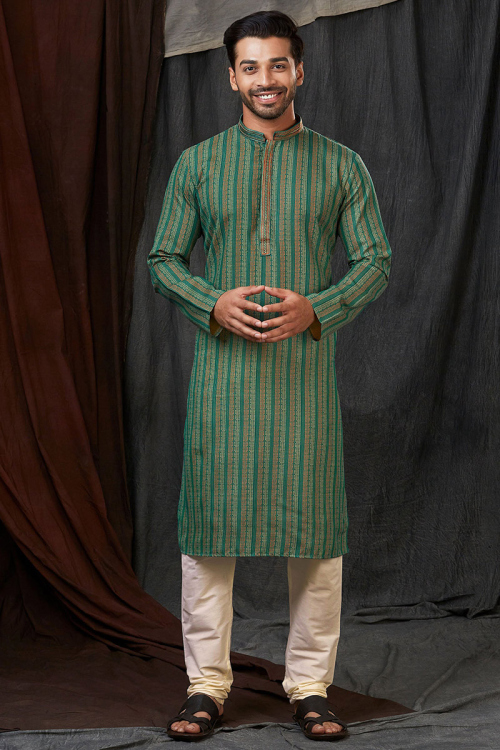 Poly Cotton Bottle Green Straight Cut Men's Kurta Churidar