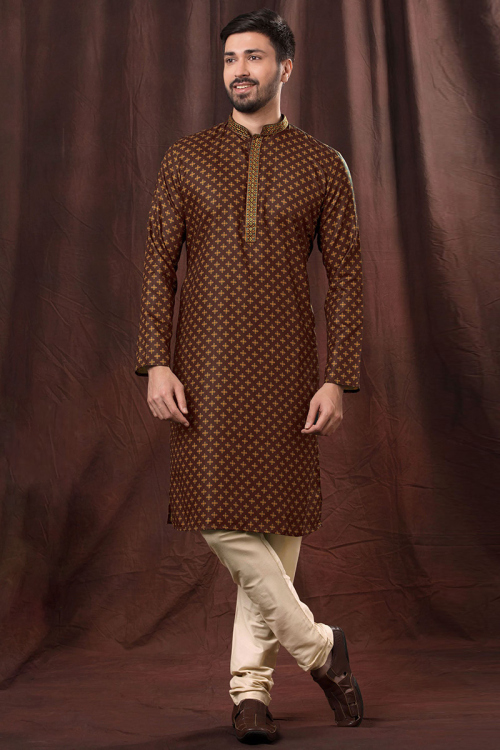 Poly Cotton Dark Brown Printed Straight Cut Men's Kurta Churidar