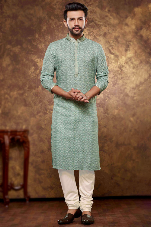 Poly Cotton Dusty Green Printed Straight Cut Men's Kurta Churidar 