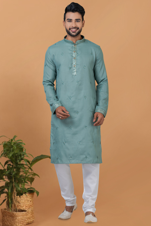 Poly Cotton Embroidered Bluish Grey Men's Kurta Churidar