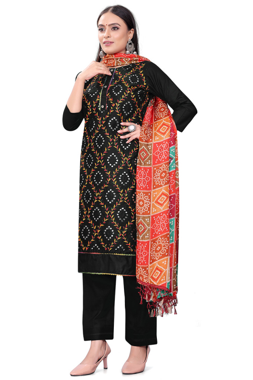 Poly Cotton Faux Mirror Embroidered Black Straight Cut Suit