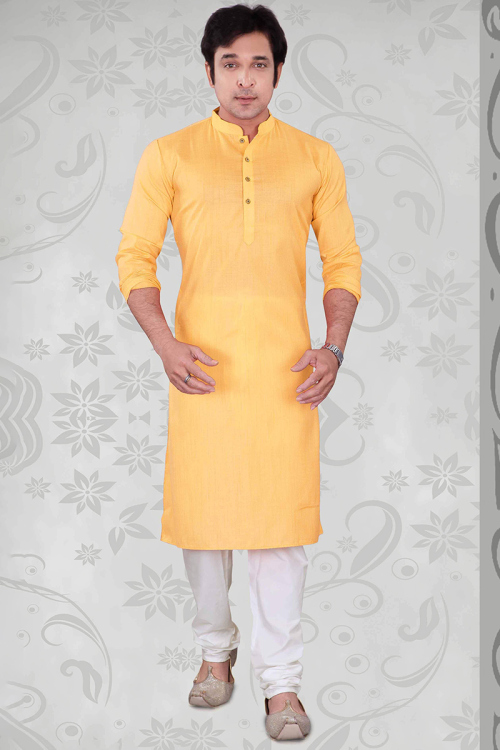 Poly Cotton Light Orange Men's Straight Cut Kurta with Pajama