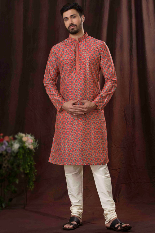Poly Cotton Light Red Printed Men's Kurta Churidar