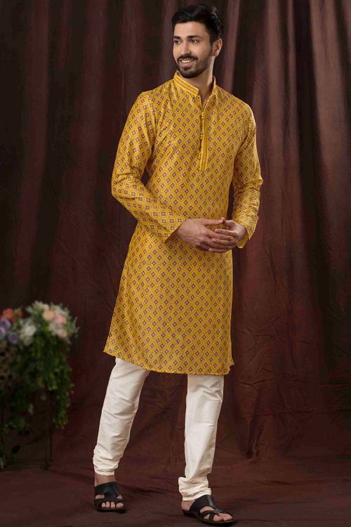 Poly Cotton Mustard Yellow Printed Men's Kurta Churidar