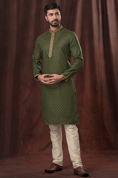 Poly Cotton Olive Green Printed Straight Cut Men's Kurta Pajama