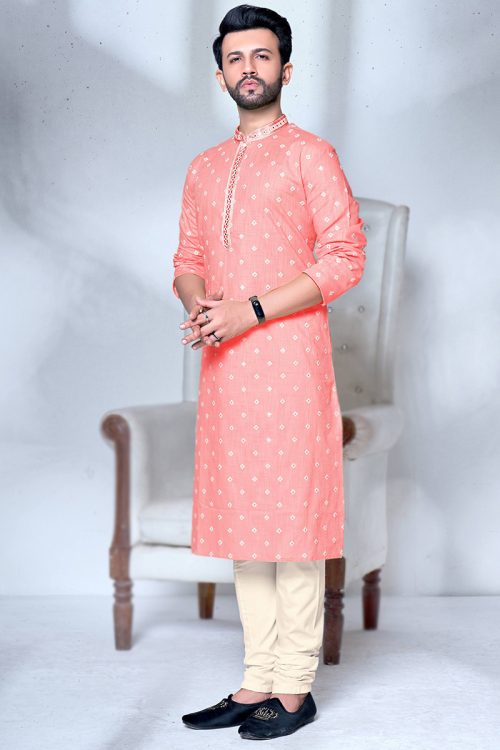 Poly Cotton Salmon Peach Embroidered Men's Kurta Churidar 