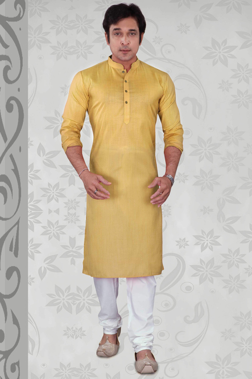Poly Cotton Trombone Yellow Men's Straight Cut Kurta with Churidar 