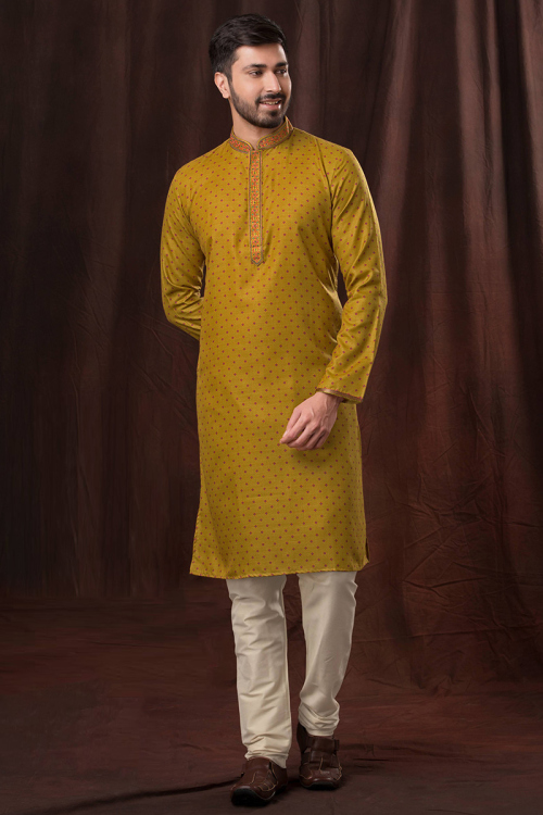 Poly Cotton Trombone Yellow Printed Men's Kurta Pajama