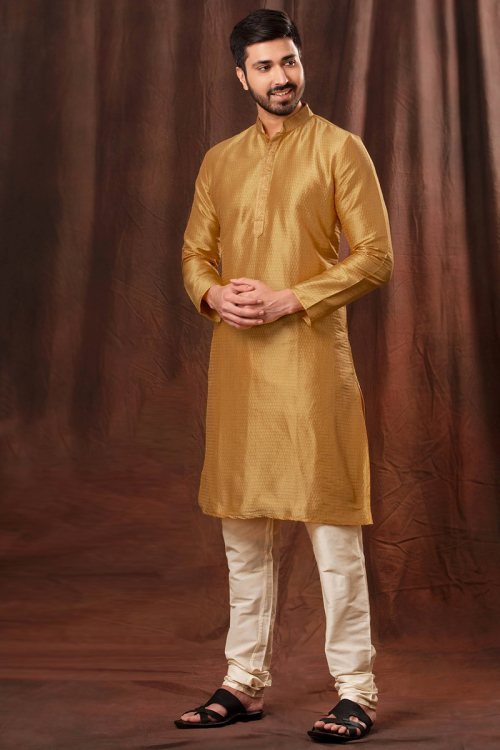Poly Jacquard Mustard Yellow Weaved Men's Kurta Churidar