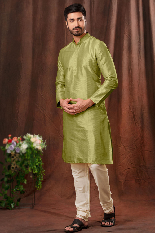 Poly Jacquard Olive Green Weaved Men's Kurta Churidar